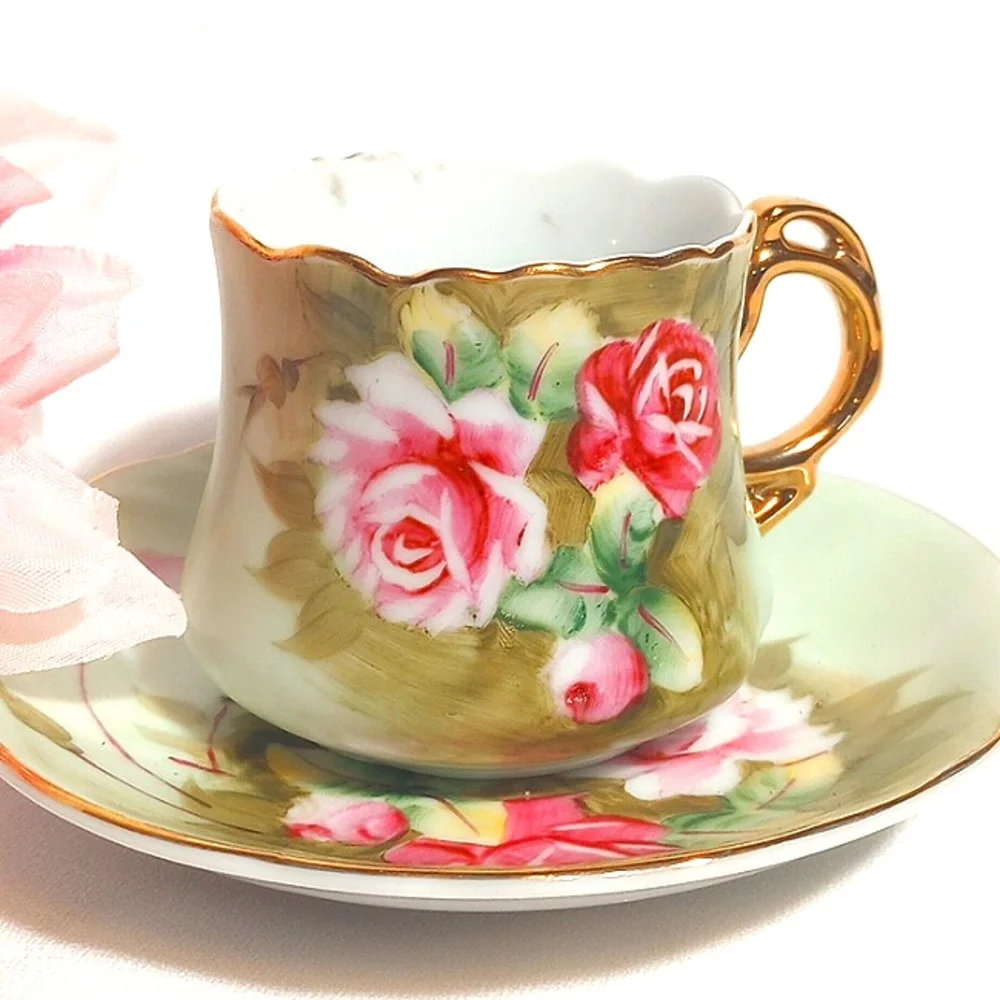 ◀️ Lefton Heritage Green/Heritage Roses Demitasse Cups w/Saucers - Picture 2 of 11